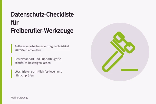Karte zur Datenschutz-Checkliste für freiberufliche Arbeitswerkzeuge. Checkliste: Datenschutz bei Arbeitswerkzeugen für Freiberufler prüfen