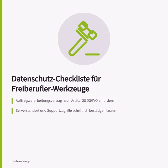 Karte zur Datenschutz-Checkliste für freiberufliche Arbeitswerkzeuge. Checkliste: Datenschutz bei Arbeitswerkzeugen für Freiberufler prüfen