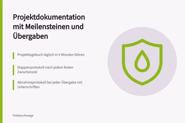 Karte: Projektdokumentation mit Tagebuch, Etappenprotokoll und Abnahmeprotokoll. Wie dokumentiere ich Projektabläufe mit Meilensteinen und Übergaben?